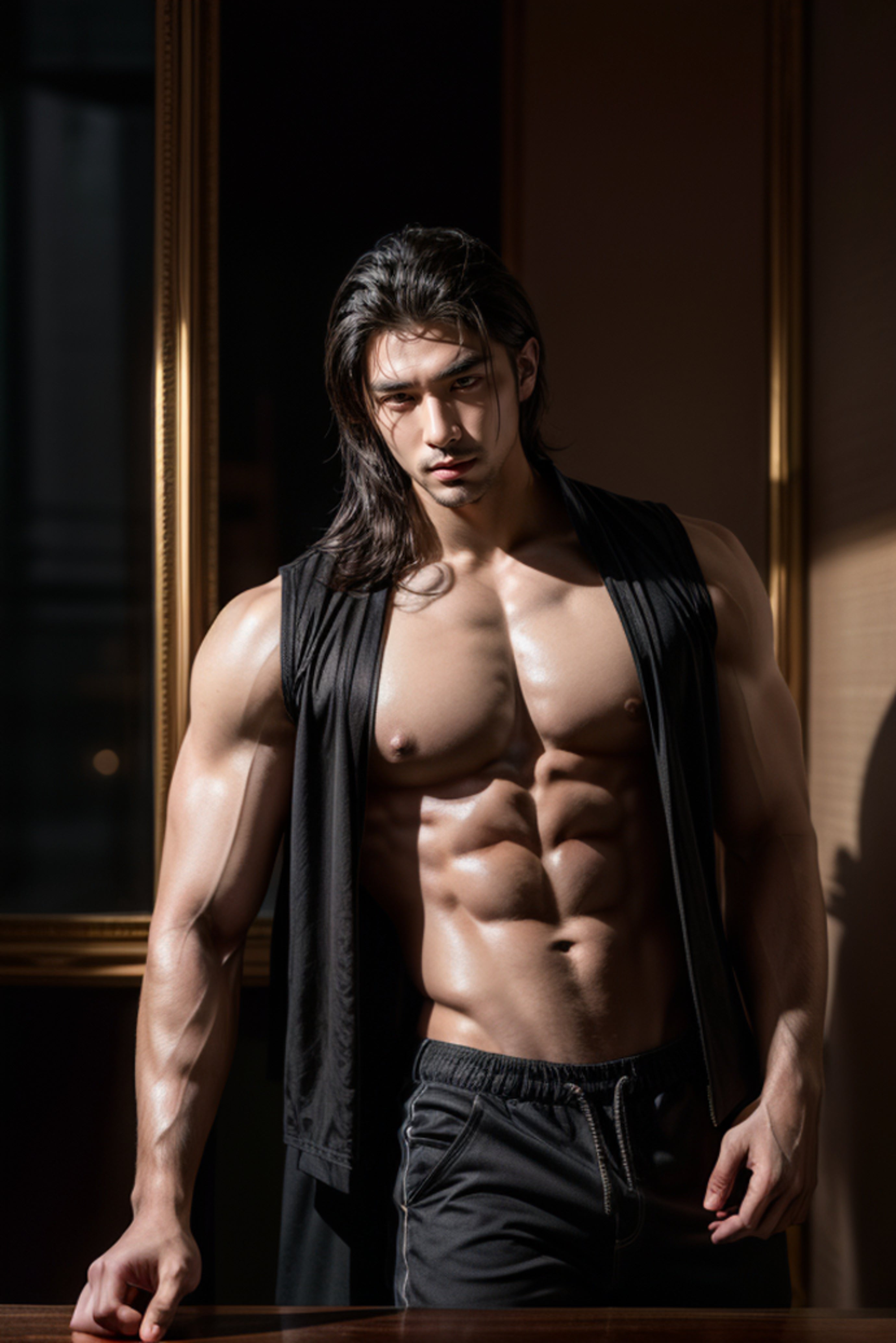 Muscular man with a towel draped over his shoulder in a dimly lit room