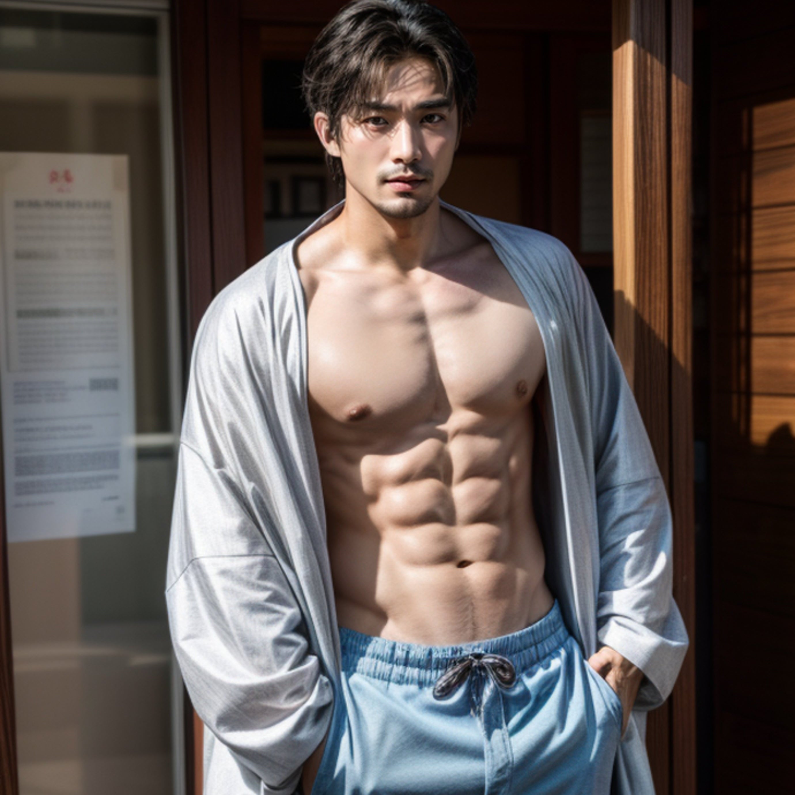 Man wearing a light gray robe over light blue pants standing in front of a wooden door.