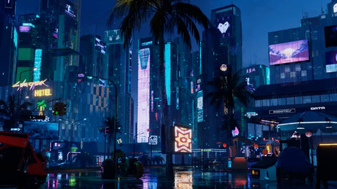 Neon-lit urban scene with tall buildings and palm trees at night.