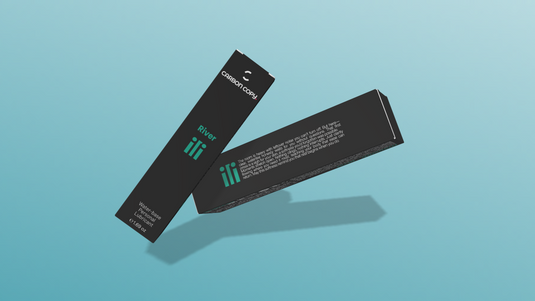 Two black boxes river water-based lubricant with green text on a light blue background